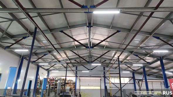 Быстровозводимое здание автосервиса в п.Кардо-Лента. Серия: ИЗЛК РУС КБ-350.2021. Размеры: ш 21 х д 60 х в 6,4 м